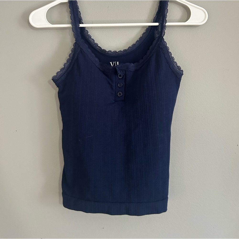Navy Lace-Trim Ribbed Tank Top